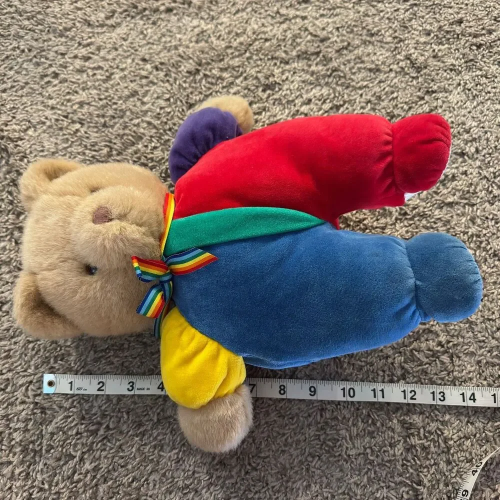 Vintage Eden Teddy Bear Plush Velour Primary Colors Rainbow Bow 13” Toy - RARE